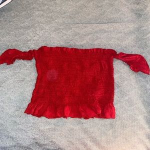 Red crop tube top with ruffle sleeves